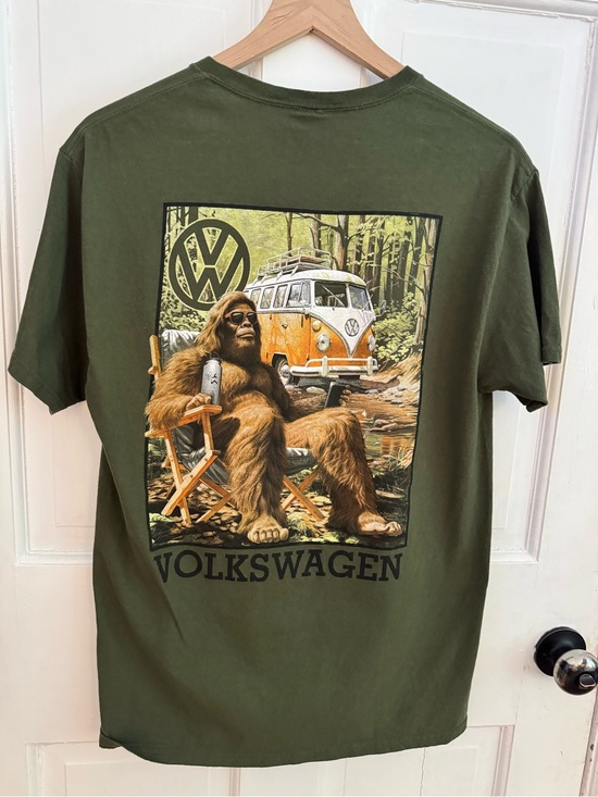 Volkswagen Men's Bus Bigfoot Camping Graphic Tee Shirt Olive Army Green, Medium